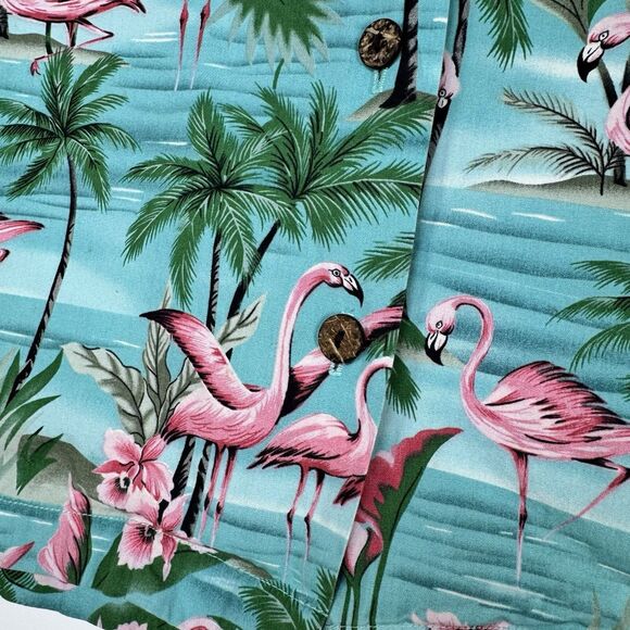 Benny's Hawaiian Shirt Men's Medium Blue Pink Flamingo Palm Tree Tropical Aloha - Picture 5 of 7